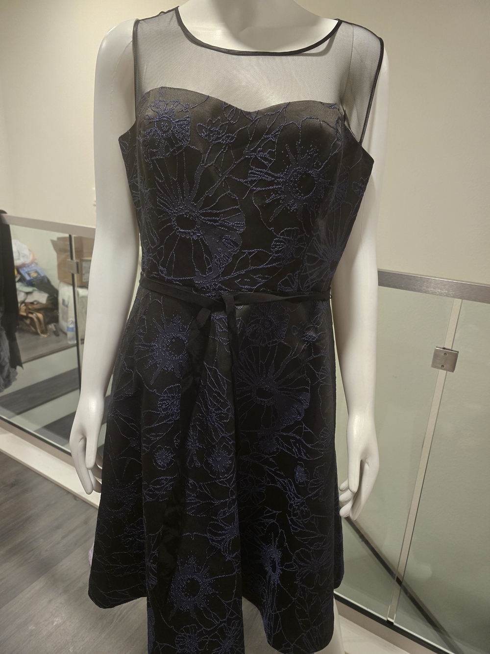 Jessica Simpson Black Dress with Navy Floral Embroidery